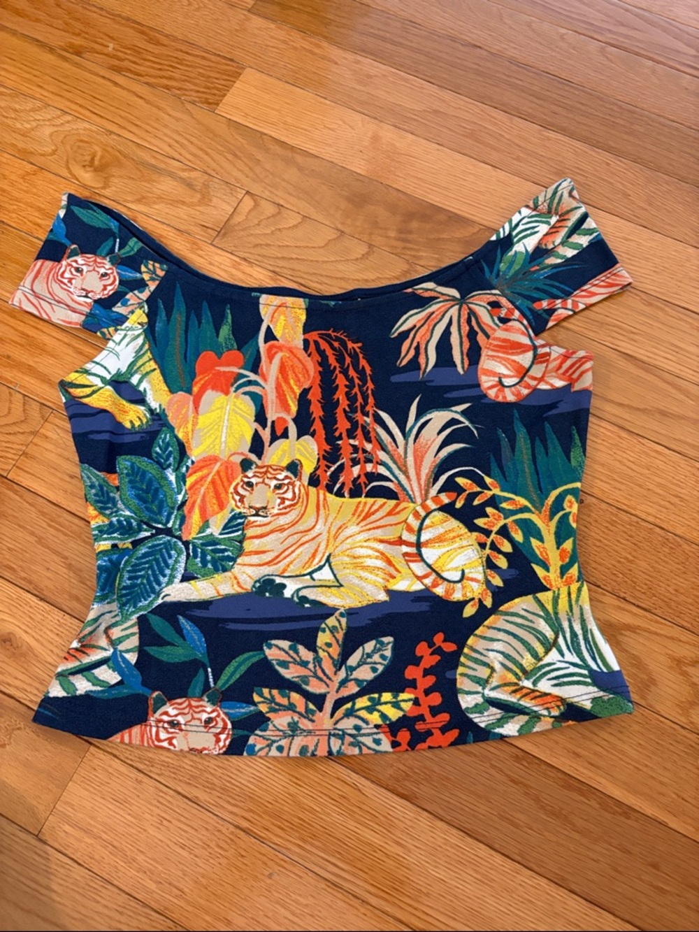Maeve Tropical Navy Blue Multicolor Off-Shoulder Crop Top